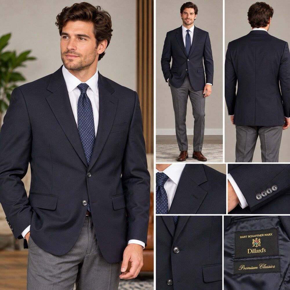 Hart Schaffner Marx Dillard’s Blazer 42L Navy Blue Union Made USA 2 Button
